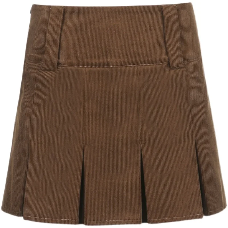 Женская плиссированная юбка цвета хаки короткая бархатная с завышенной талией