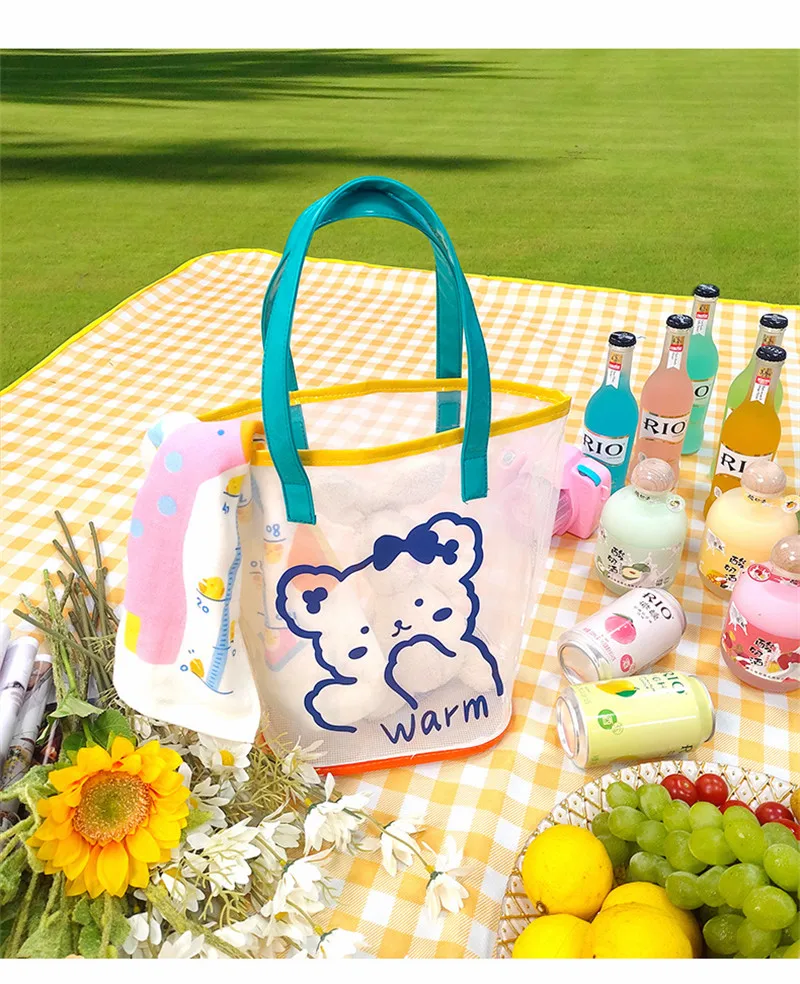 

Korean Ins Jelly Transperant Handbag Girls Travel Summer Beach Bag Women Daily Cute Bear Dog Waterproof Shopping Shoulder Bag