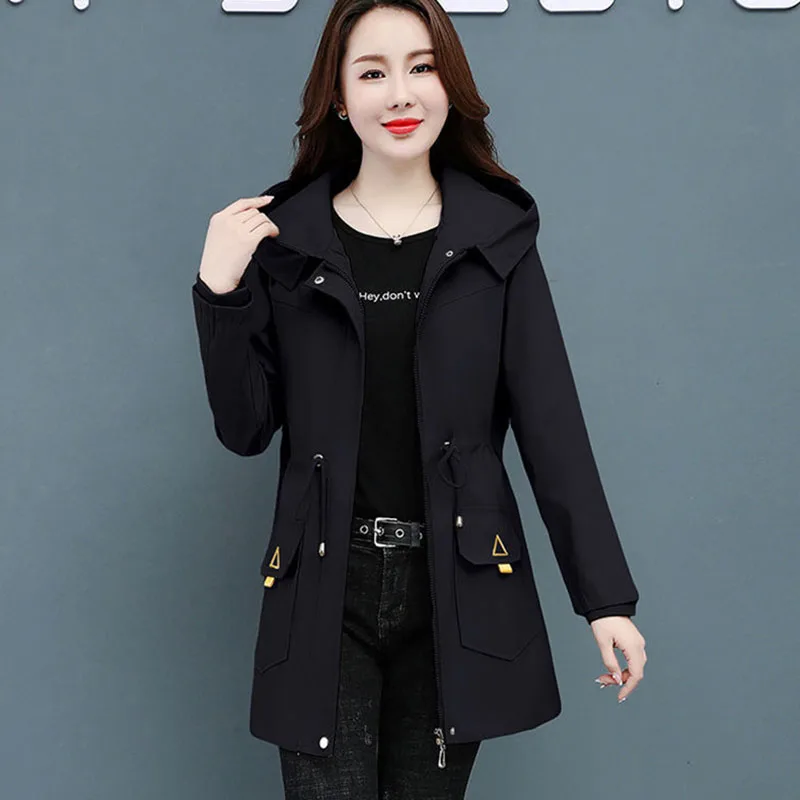 

2021 Women's Trench Coat Spring Autumn Solid Color Hooded Casual Tops Plus Size Black Khaki Blue Windbreaker Have Lining KW1111