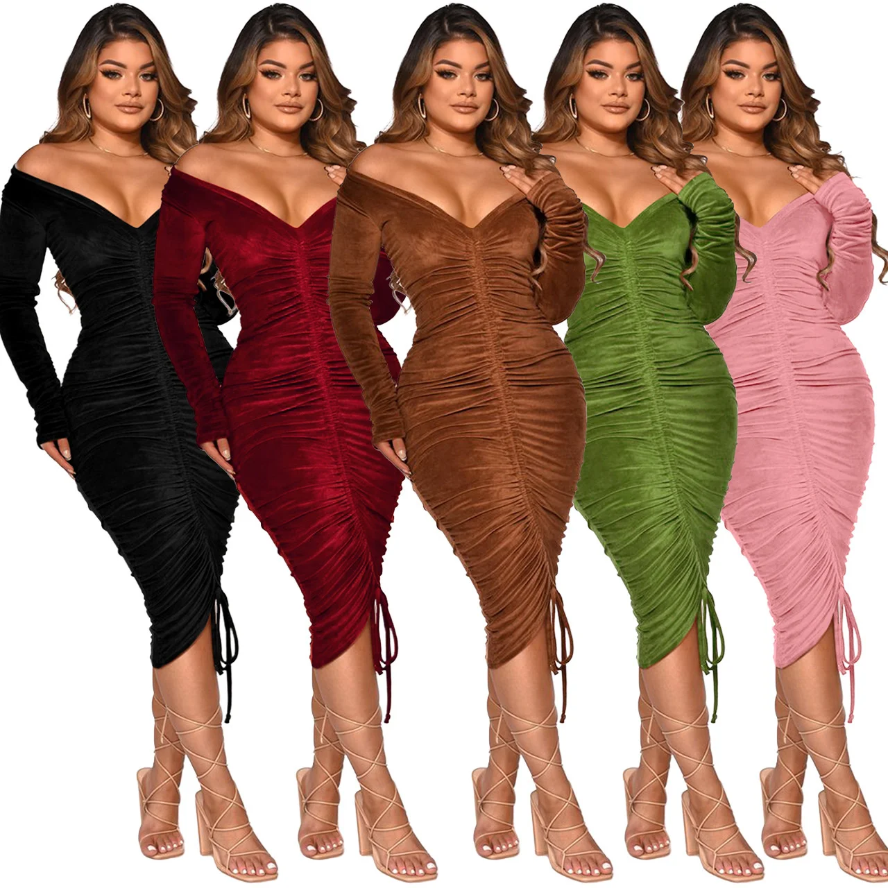 

Sylph Elegant Dresses For Women Slash Neck Sexy Bodycon Dress Long Sleeve Folds Velvet Vestidos Autumn Winter Women's Clothing