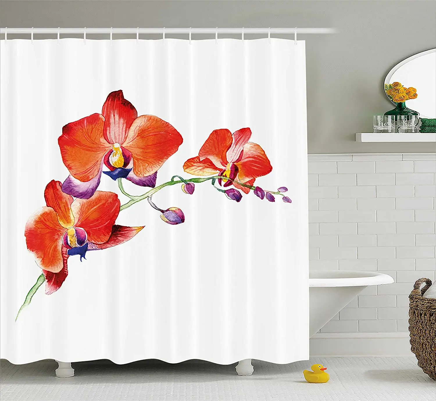 

Цветочная занавеска для душа, ветка с орхидеей и цветами ярких цветов, зеркальная занавеска для ванной комнаты
