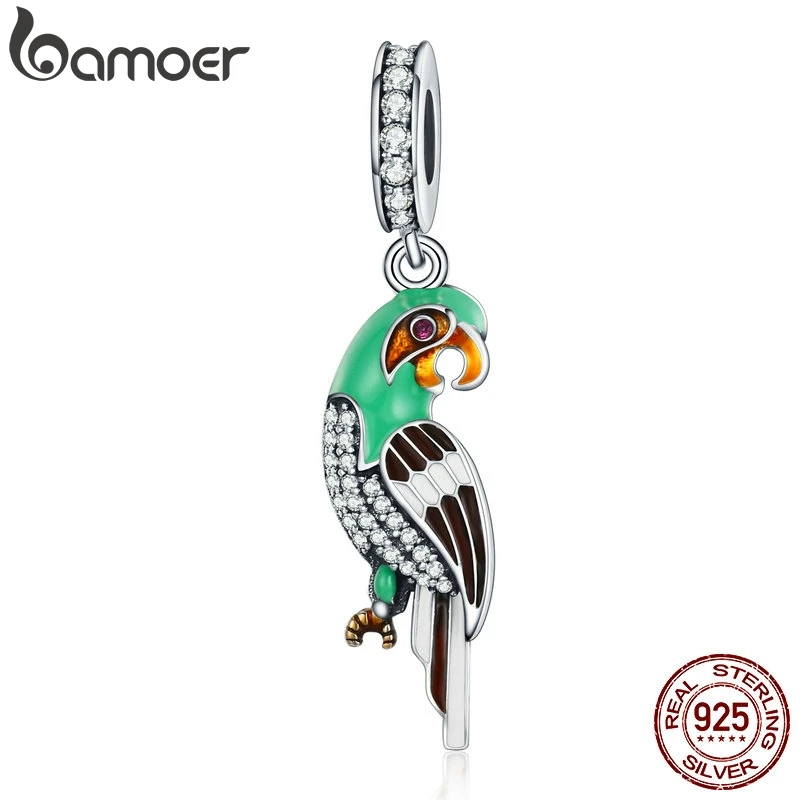 BAMOER из натуральной 925 пробы, серебряные очаровательные попугаи, красочные эмалированные ослепительные CZ амулеты, подходят для женщин, браслеты, ювелирные изделия S925 SCC218