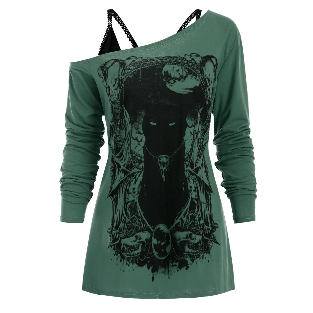 Ladies Oblique Collar Off-Shoulder Long-Sleeved Cat Duke Print Gothic Spring Casual Vest Two-Piece Top