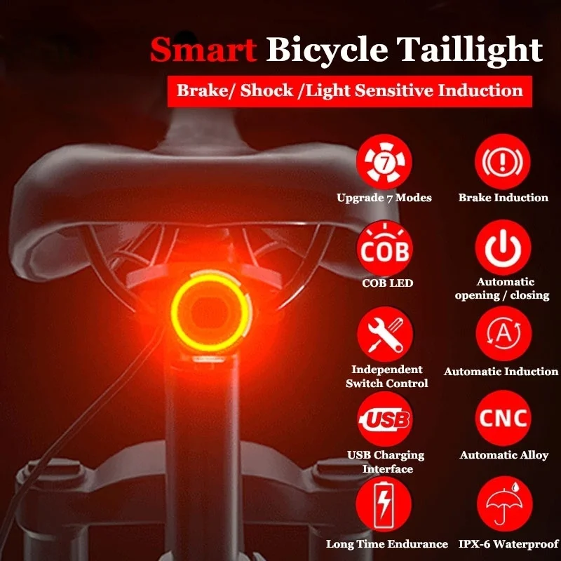 

Задний фонарь для горного велосипеда, водонепроницаемый прочный светодиодный смарт-фонарь с датчиком стоп-сигнала, зарядсветильник, Аксес...