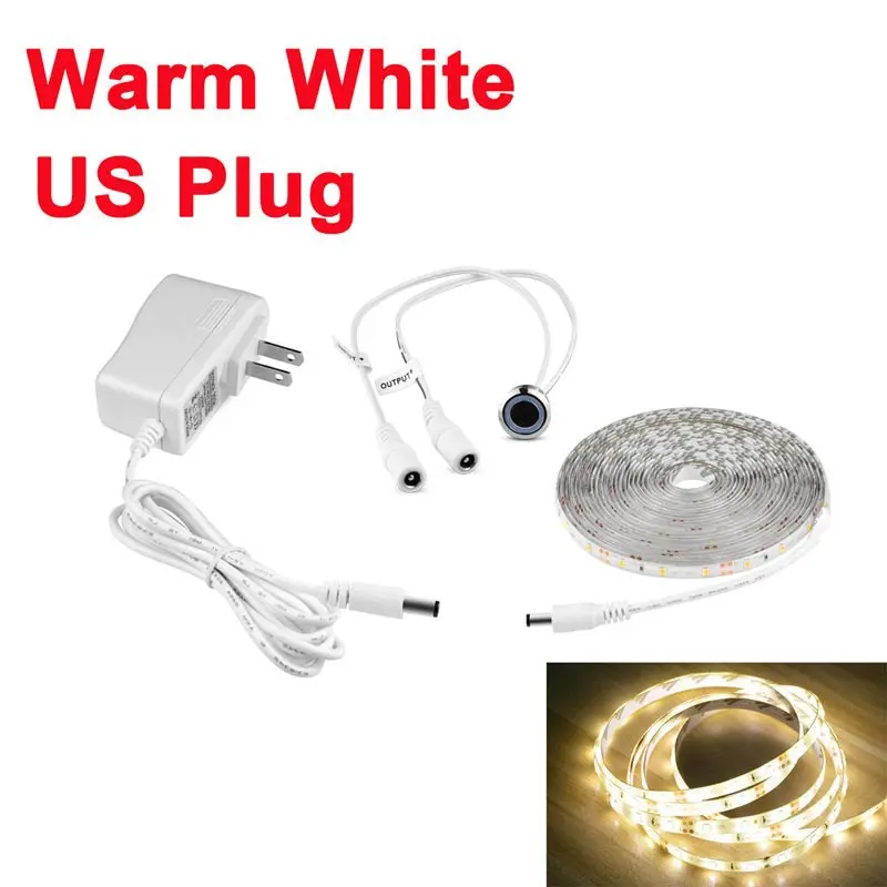 Warm White---US Plug DC 12 В диммерный сенсорный датчик Светодиодная лента Водонепроницаемая 1 м 2 м 3 м 4 м 5 м светодиодный светильник Диодная лента спальня кухонный шкаф ТВ светильник s светодиодный лента - Испускаемый цвет: Warm White---US Plug
