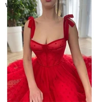 verngo 2021 red polka dots tulle a line evening dress spaghetti straps tied bow shoulder tea length party graduation prom dress
