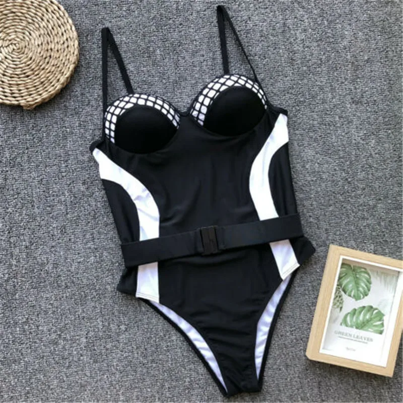 Sexy Women One Piece Swimsuit New Black Patchwork Beachwear String Sling Slim Bodysuit Bikini Push Up Bathing Suit Swimwear | Спорт и