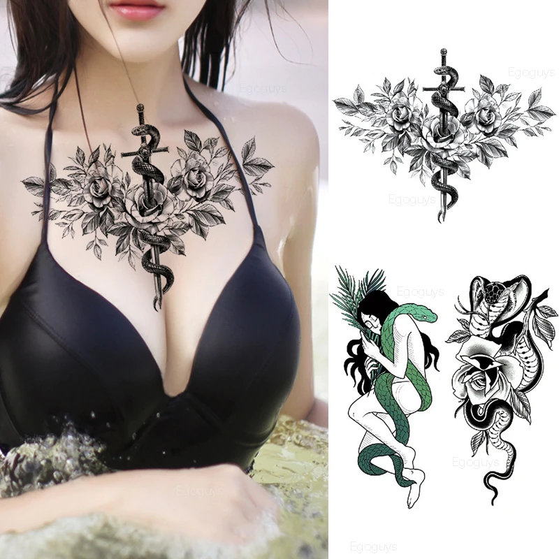 Водостойкая Временная тату наклейка 1 лист змея цветок роза флэш татуировки