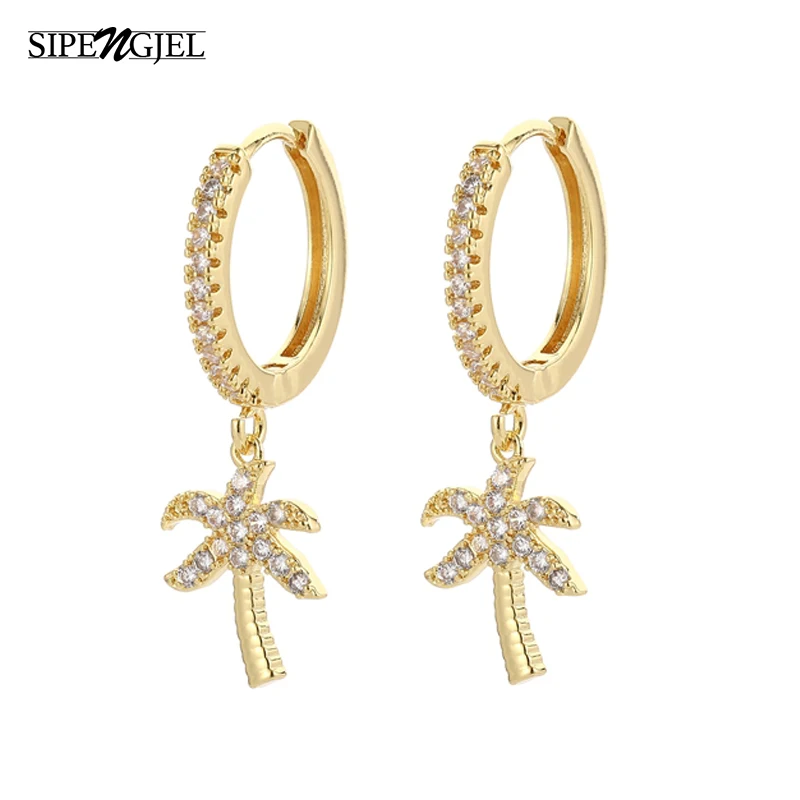 

SIPENGJEL Fashion Hip Hop Palm Tree Pendant Hoop Earrings Geometric Charm Dangling Drop Earrings For Women Jewelry Gift 2022