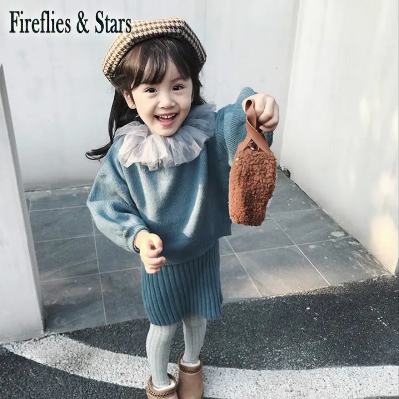 Весенне-осенний Детский свитер + вязаное платье комплект из 2 предметов для