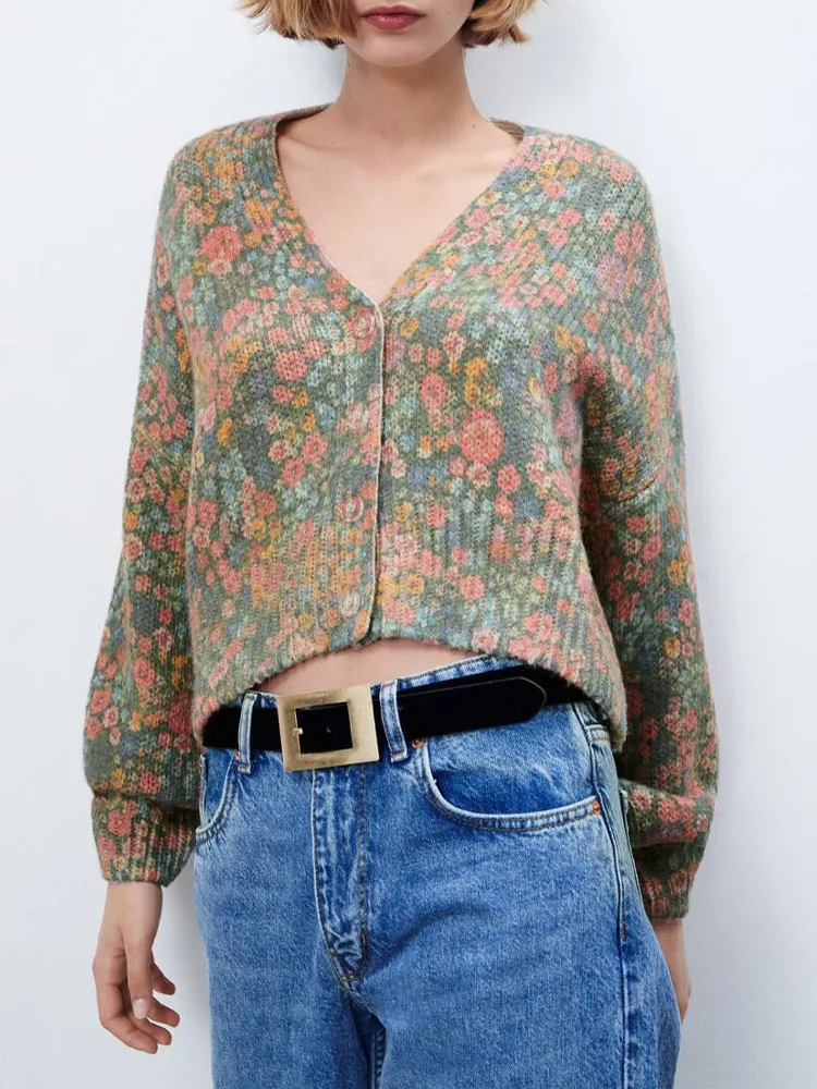 

ZA autumn and winter new women's retro pastoral style long-sleeved V-neck single-breasted sweet flowers knitted cardigan