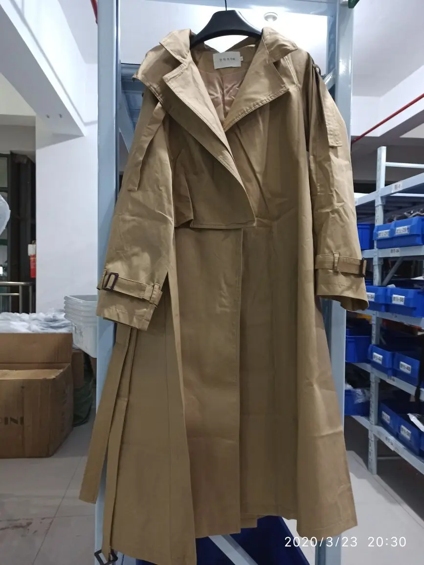

LANMREM 2020 autumn New Fashion Trend Women's Solid Color Over The Knee Long Coat Lapel System Belt Plus Windbreaker TC053