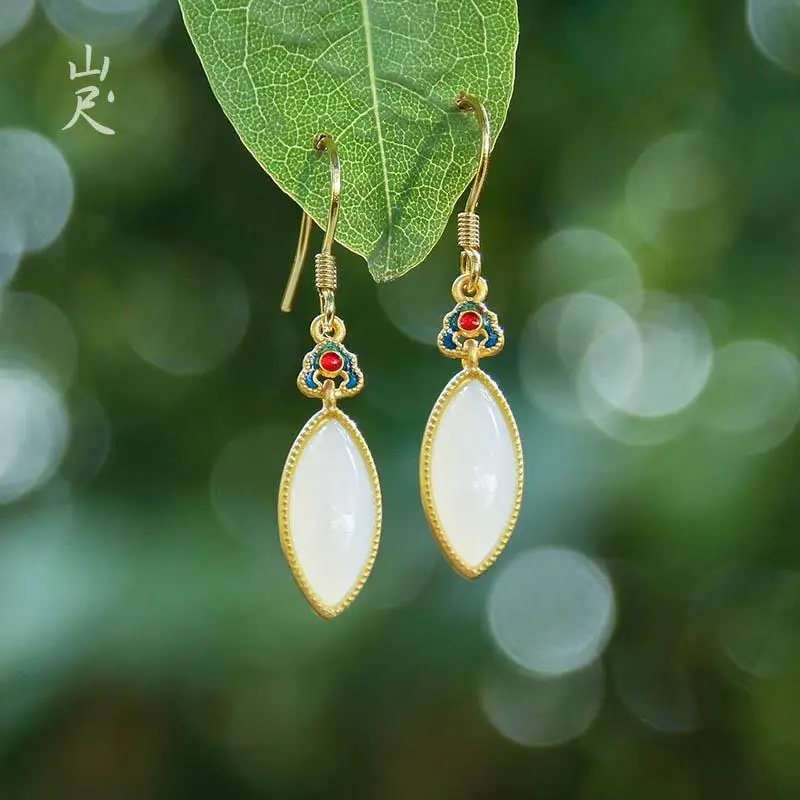

Qinyan Natural Hetian Jade White Jade Maple Leaf Earrings Women's S925 Sterling Silver Gold-Plated Earrings Ancient Gorgeous Sim