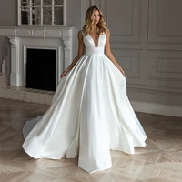 uzn simple a line ivory satin wedding dress v neck backless with big bowknot bridal gown chapel train brides dress vestido de
