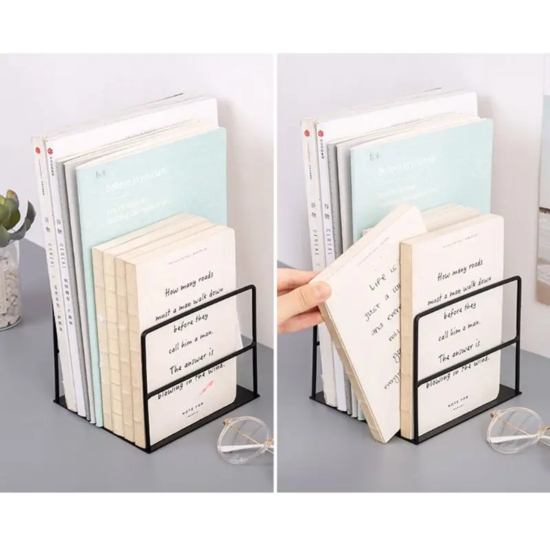 

1 Pair Wrought Iron Bookends Book Support Simple Desktop Office Magazine Organizer Stand Shelf Holder