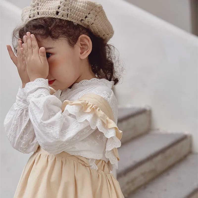 

Kids Girls Blouses 2021 Vintage Spring Toddler Baby Girls White Shirt Children Long Sleeve Cotton Lace Tops Blouse Child Clothes
