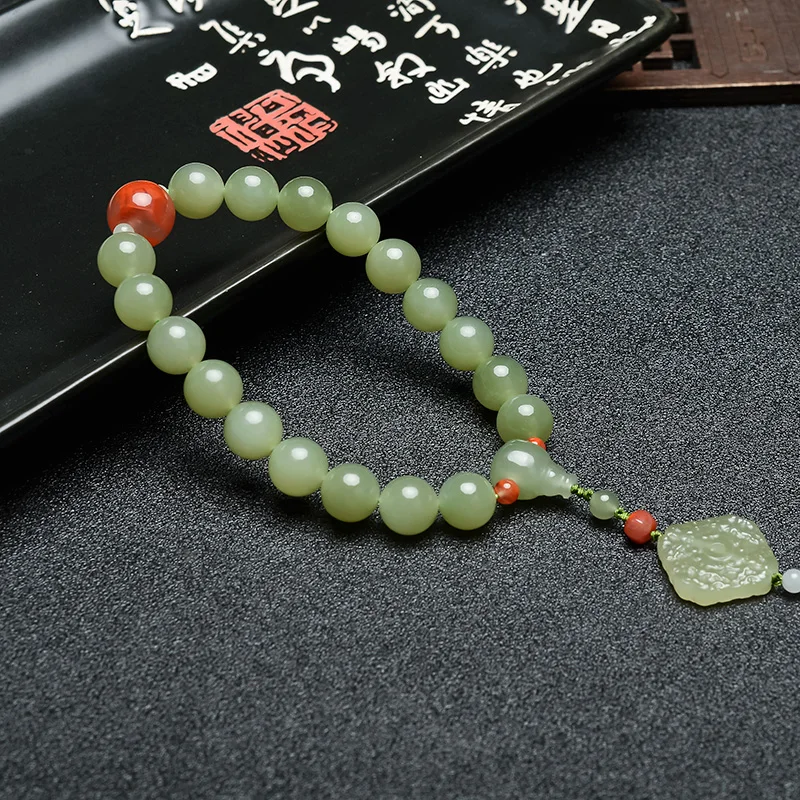 Natural hetian green jade bracelet unique jadite bangle rosary with tassel men women prayer jewelry christmas | Украшения и