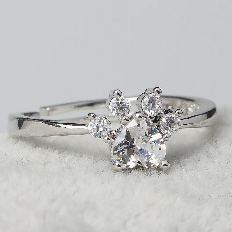 Симпатичная кошачья лапа в форме сердца Rhod кольцо регулируемое циркониевое CZ