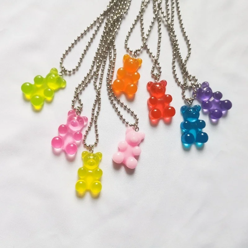 

Cute Girl Candy Color Little Bear Pendant Necklace For Women Beads Chain Bear Necklace Female Jewelry Wedding Party Friends Gift