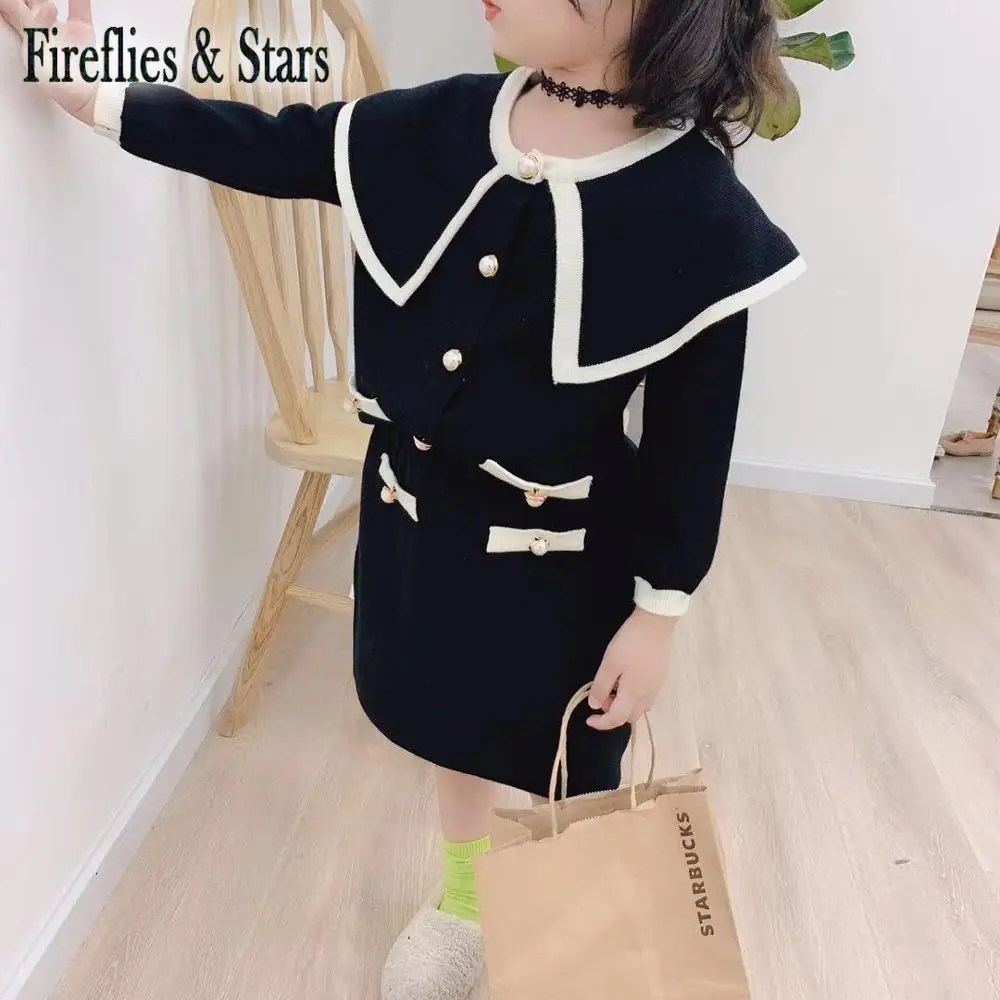 

Spring Autumn girls 2 pcs set baby cardigan + skirt kids suit children brand clothes big floral collar pearl snap 3 to 8 yrs
