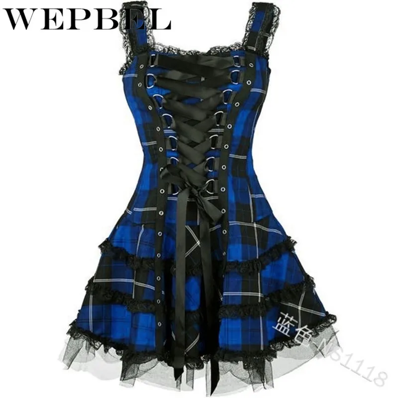 

WEPBEL Gothic Style Dress Slim Waist Short Medieval Cosplay Costumes Women Sleeveless Cross Lace Up Dress