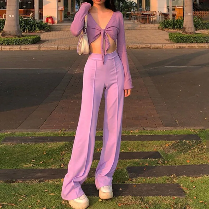

Sweet Elegant Pink Straight Pants Women High Waist Solid Color Slim Fit Loose Holiday Casual Fashion Wide Leg Trousers