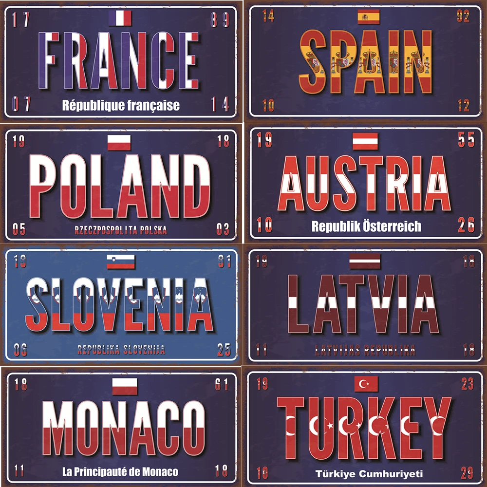 Постер с именем и флагом стран Европы на номерной знак потертый шикарный