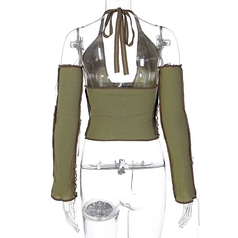 

2021 Backless Halter Ribbed Tie Front Top Women Long Sleeve Hollow Out Lace Up T Shirts Patchwork Sexy Bodycon Y2K Crop Top