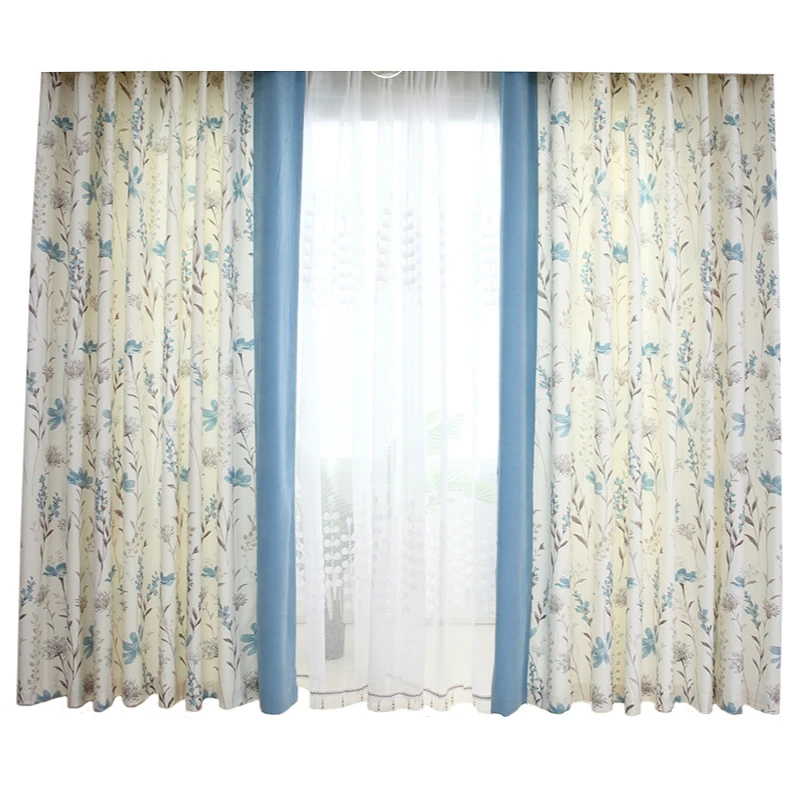 

Fresh blue Nordic American pastoral floral curtains living room bedroom bay window short shading finished product customization
