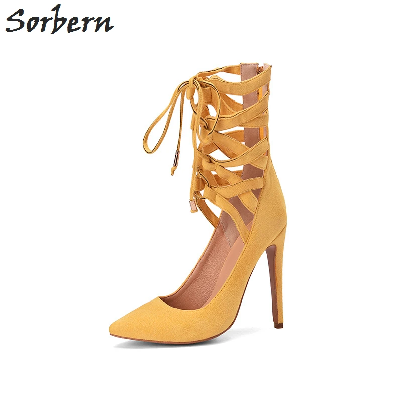 Murah Sorbern Kuning Wanita Pompa Sepatu High Heel Stiletto Runcing Jari Kaki Sepatu Wanita Seksi Renda Sepatu Hak Ritsleting Belakang Kustom Warna