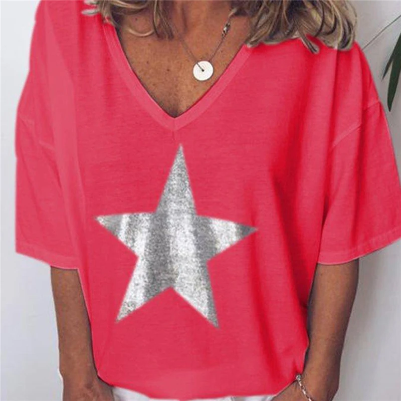 New Fashion T shirt Women Sequins V-Neck Five-pointed star Tops Tees Female Short Sleeve Street Ladies Plus size code S-5XL | Женская