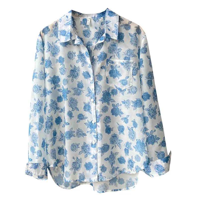 

Rose Print Shirt Women's 2021 Summer Sunscreen Blouse Vintage Loose Thin Hanging Sense of Long Sleeve Chic Blouse