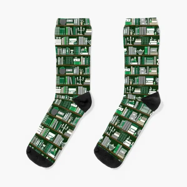

Book Case Pattern Green And Grey Crew Socks Knee High Women Ankle Mens Black Best