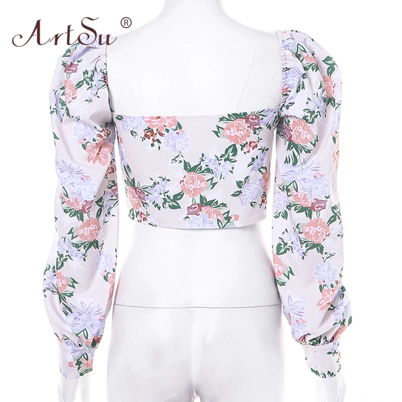 ArtSu сексуальный женский короткий топ с цветочным принтом Ретро стиль пышными