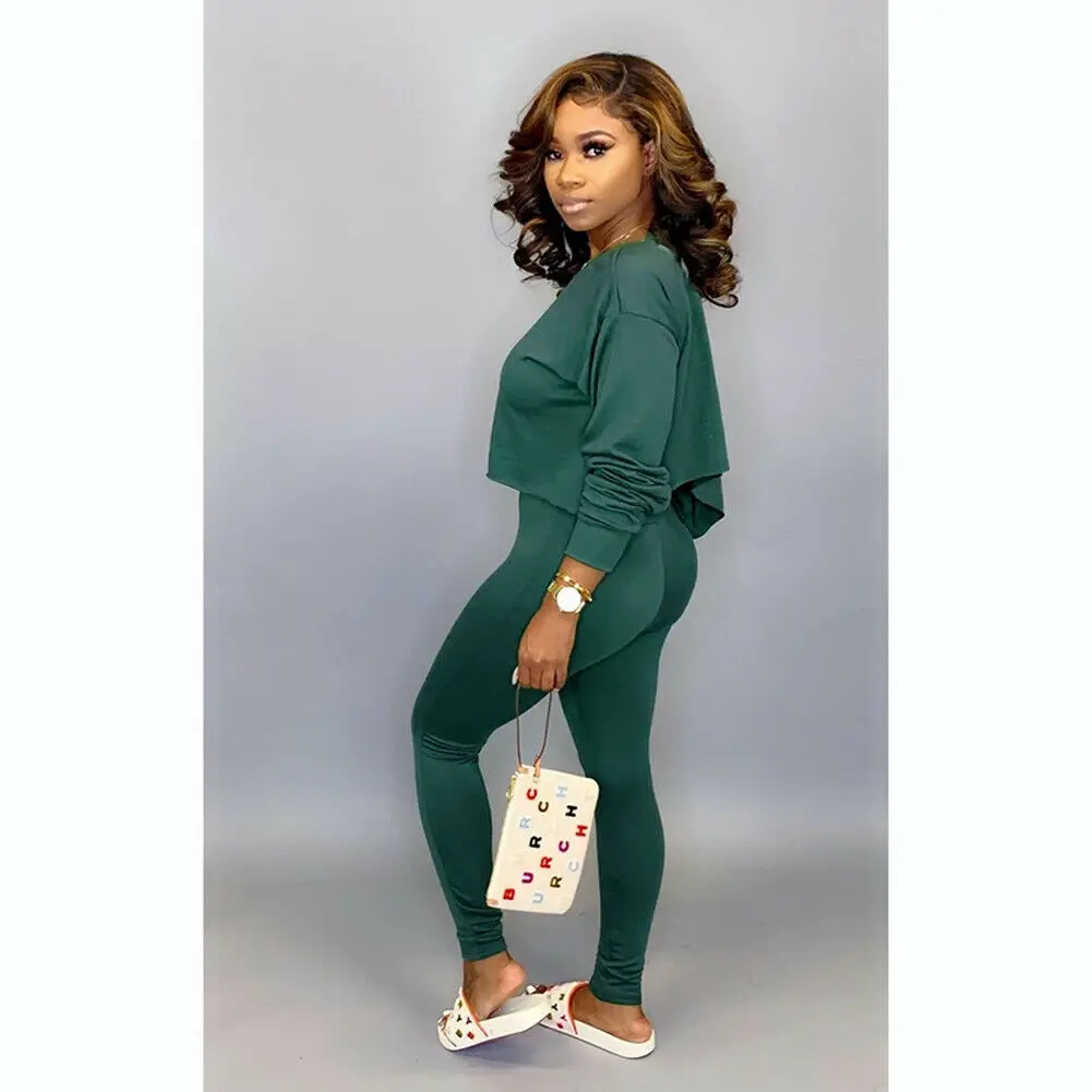 

Women 2 Piece Outfits Long Sleeve Off Shoulder Crop Top Pants Set Casual Loose Ladies Solid 2 Pcs Set