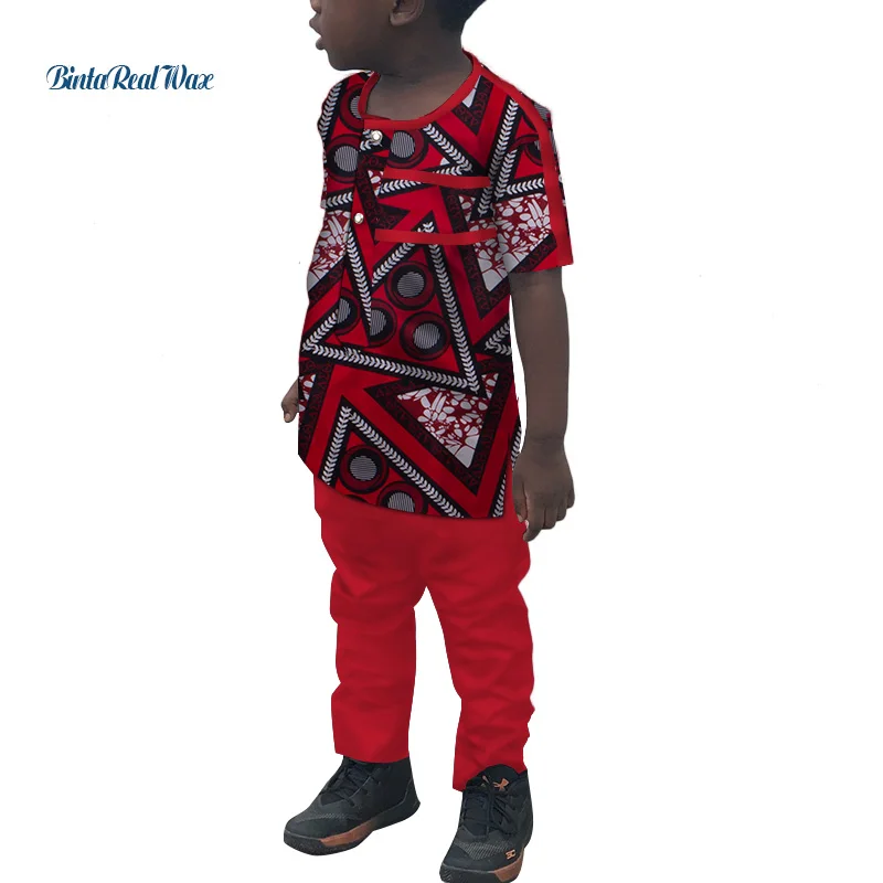 

African Boy's Tops and Pants Sets Plus Size Bazin Riche African Print Patchwork Shirt and Pants Sets Children Clothing WYT258