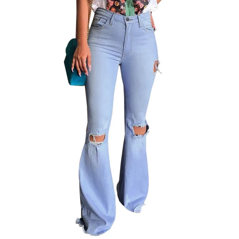 

Littlerossa Ladies Denim Flare Jeans Women 2020 New Autumn Ripped Jeans Denim Skinny Jeans Pants Female Wide Leg Hole Jeans