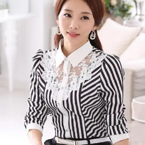2020 New S Women Lace Blouses Long Sleeve Striped Shirt Casual Kimono OL Work Tops Blusas Femininas Plus Size 3XL 4XL RQ776 |