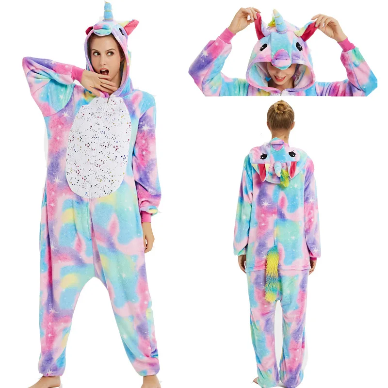 Рождество Пижамы Для Женщин Теплый Сгущает Зиму Пижамы Kigurumi Единорог Пижамы Синий Стежка Животных Симпатичные С Капюшоном Унисекс Взрослых Домашней Одежды
