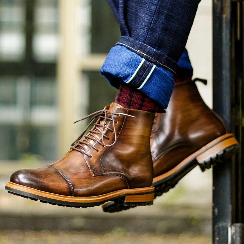 

New Vintage Man Handmade Laces Timber Land Shoes Genuine Leather Round Toe Heels Cap Toe Mens Military Riding Ankle Boots NHS179