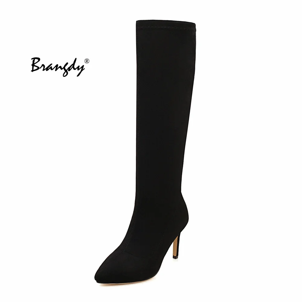 

Brangdy Ladies Shoes High Heels Women Knee High Boots Scrub Black Pointed Toe Motorcycle Winter Boots Women's Long Booties