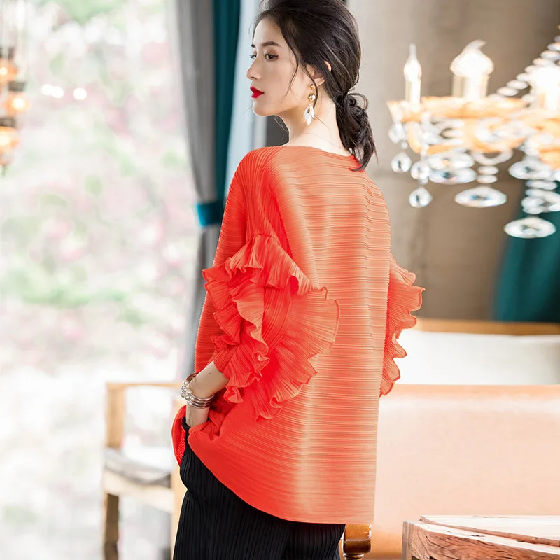 LANMREM 2021 Новая Осенняя Однотонная футболка с круглым воротником и рукавами