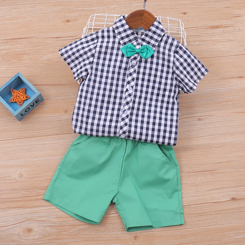 

2021 New Summer Children's Clothing Plaid Bow Tie Shirt + Casual Solid Color Shorts 2-piece Fashion Boy Clothing Suit