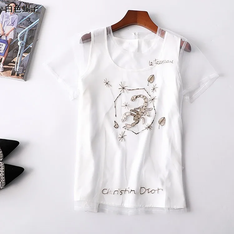 Новый топ с коротким рукавом круглым вырезом и вышивкой животных трикотажная