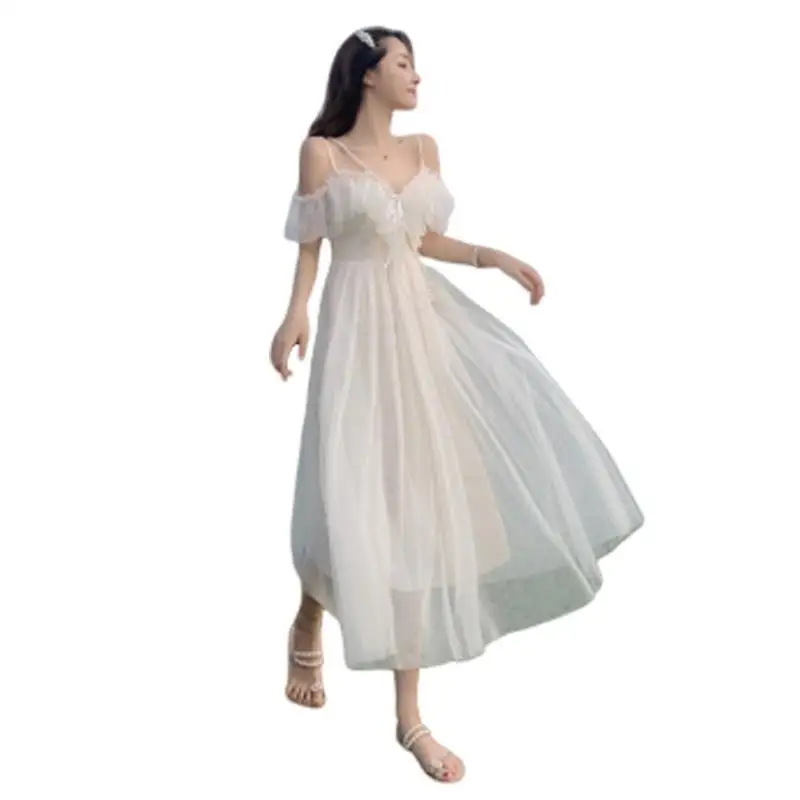 

Fairy Dress Woman Ruffle Off Shoulder Dress Elegant Mesh Long Beach White Dresses For Women Party 2021 Korean V Neck Bandage New
