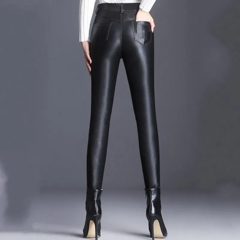 Sexy Women Skinny Pu Leather Pants High Waist Pencil Pants Long Trousers Female Fleece Lining Faux Leather Pants Plus Size 5XL