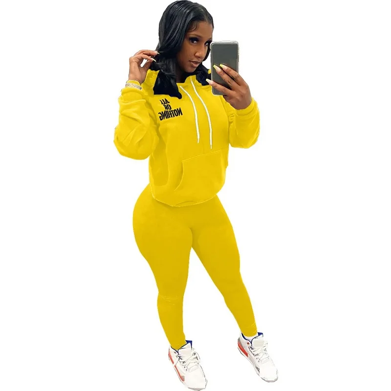 

Fall 2020 women tracksuit 2 piece set Letter embroidery solid hoodie+sweatpants women joggers suit sets Black yellow sweat suits