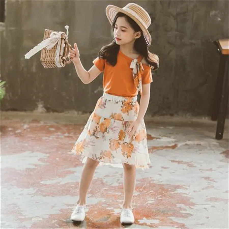 Детский летний костюм из топа с коротким рукавом и юбки на возраст 5-12 лет |