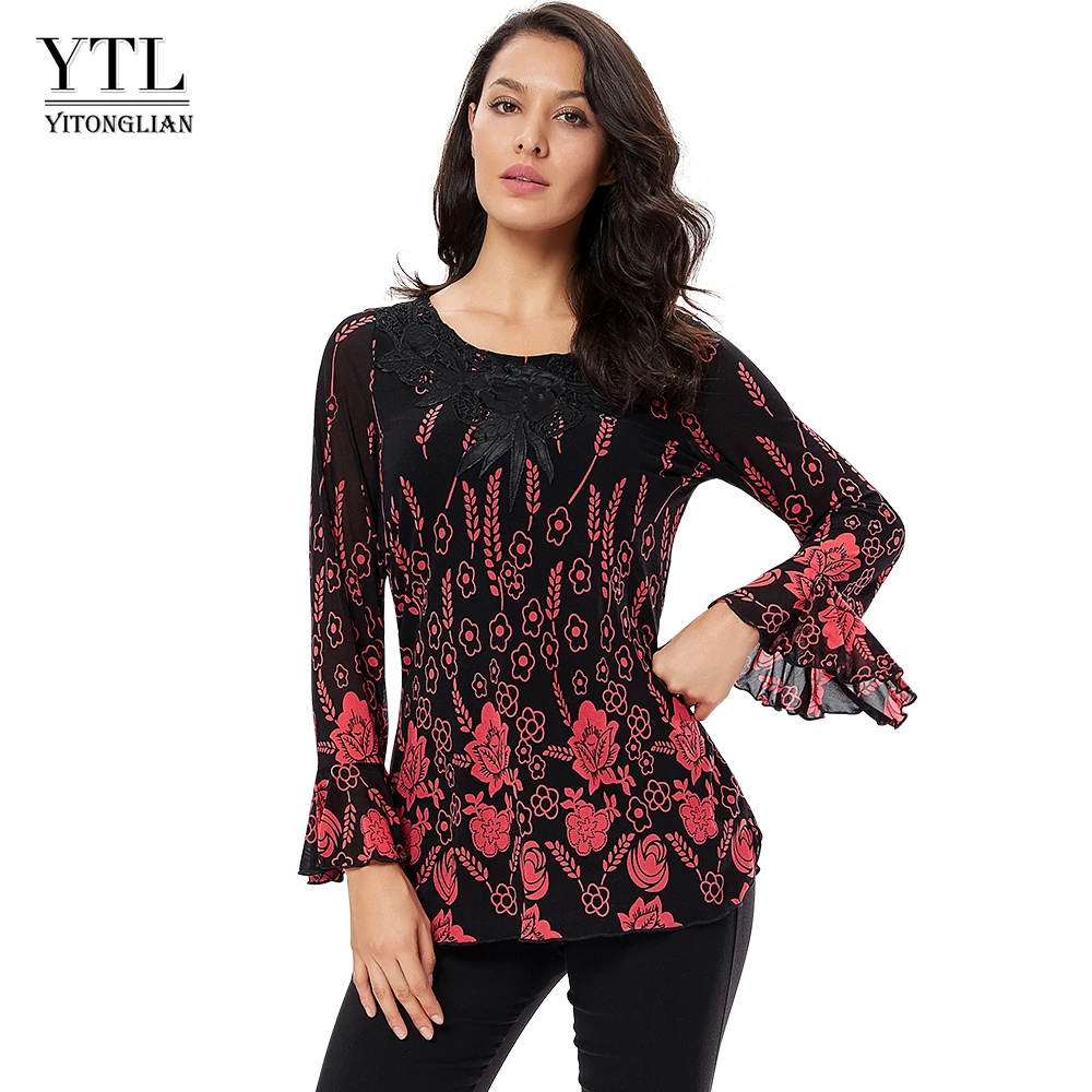 YTL Womens Tops and Blouses Applique Crochet Autumn Long Sleeve Ladies Vintage Floral Print Tunic Shirt 6xl 7xl 8xl H028 |
