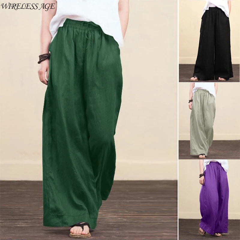 

WIRELESS AGE Pant Women Loose Four Colors Casual Wide Leg Trousers Fashionable Cotton Linen Trousers 2021 New Fashion Wild